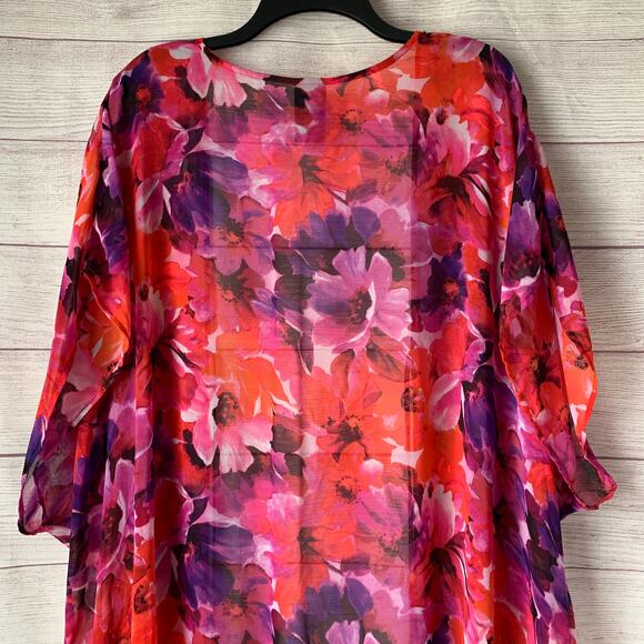 Catalina Pink and Red Floral Swimsuit Cover Up Fringe Cardigan Kimono Size L - Picture 6 of 16